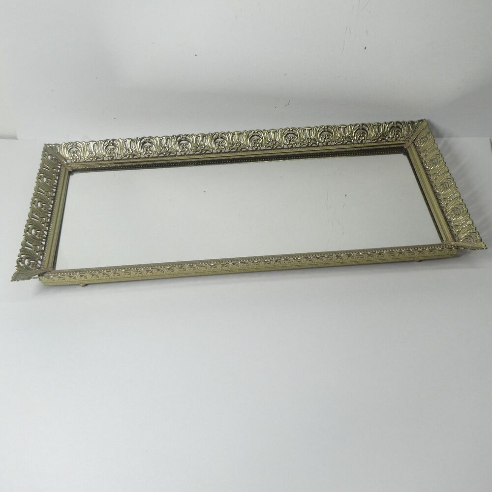 Brass Frame Tray Mirrored Vanity Dresser 16x7 Rectancular MCM Vintage Mirror